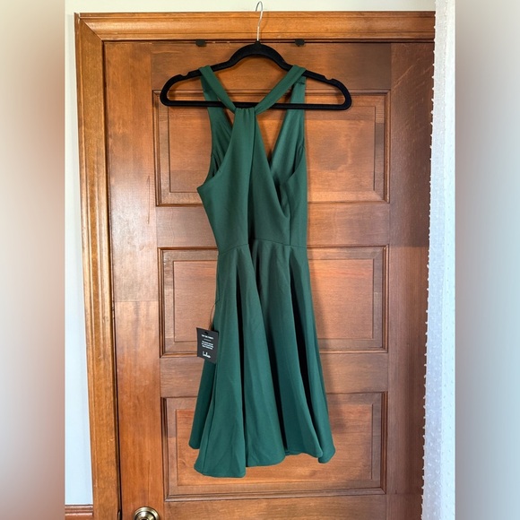 Lulus Wonder Whirl Dark Green Twist Back Skater Dress - Picture 6 of 7
